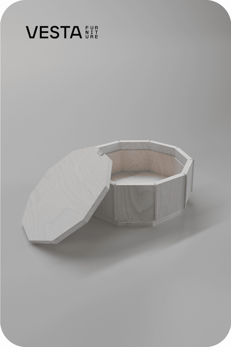 Design exposition of FUSTI S: Modular low wooden coffee table with storage space by VESTA FURNITURE